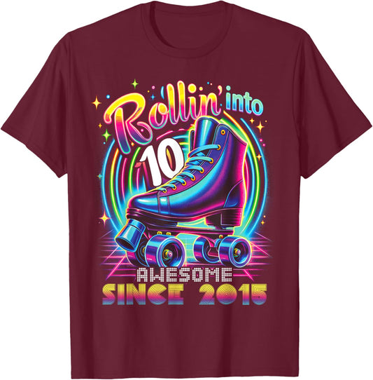 Birthday Roller Skating 10th Girl Rollin into 10 Skate Party T-Shirt - T-Shirt | Maroon