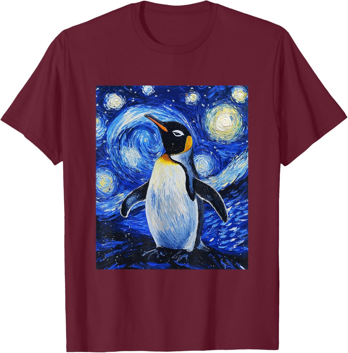 Penguin Bird - Van Gogh Style - Starry Night T-Shirt - T-Shirt | Maroon
