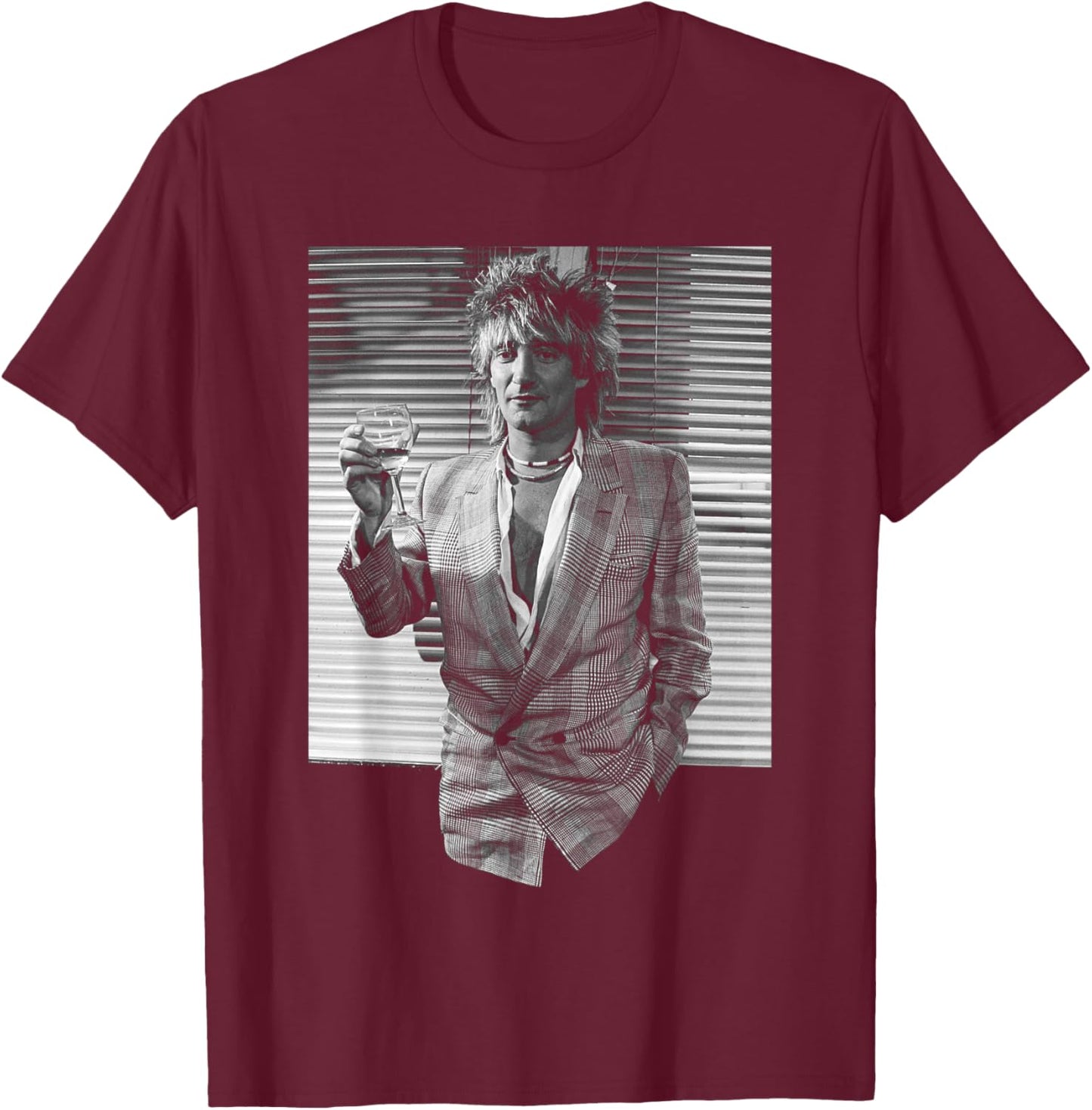 Singer Rod Stewart in London Press for Body Wishes Tour 1983 T-Shirt - T-Shirt | Maroon