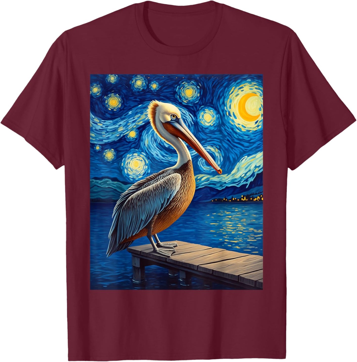 Van Gogh's Starry Night Brown Pelican Bay Bomber Animal T-Shirt - T-Shirt | Maroon
