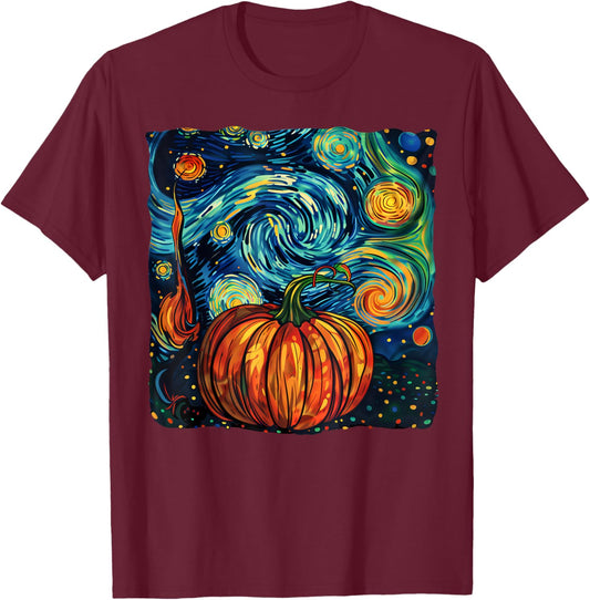 Pumpkin Halloween Starry Night Van Gogh Thanksgiving Fall T-Shirt - T-Shirt | Maroon