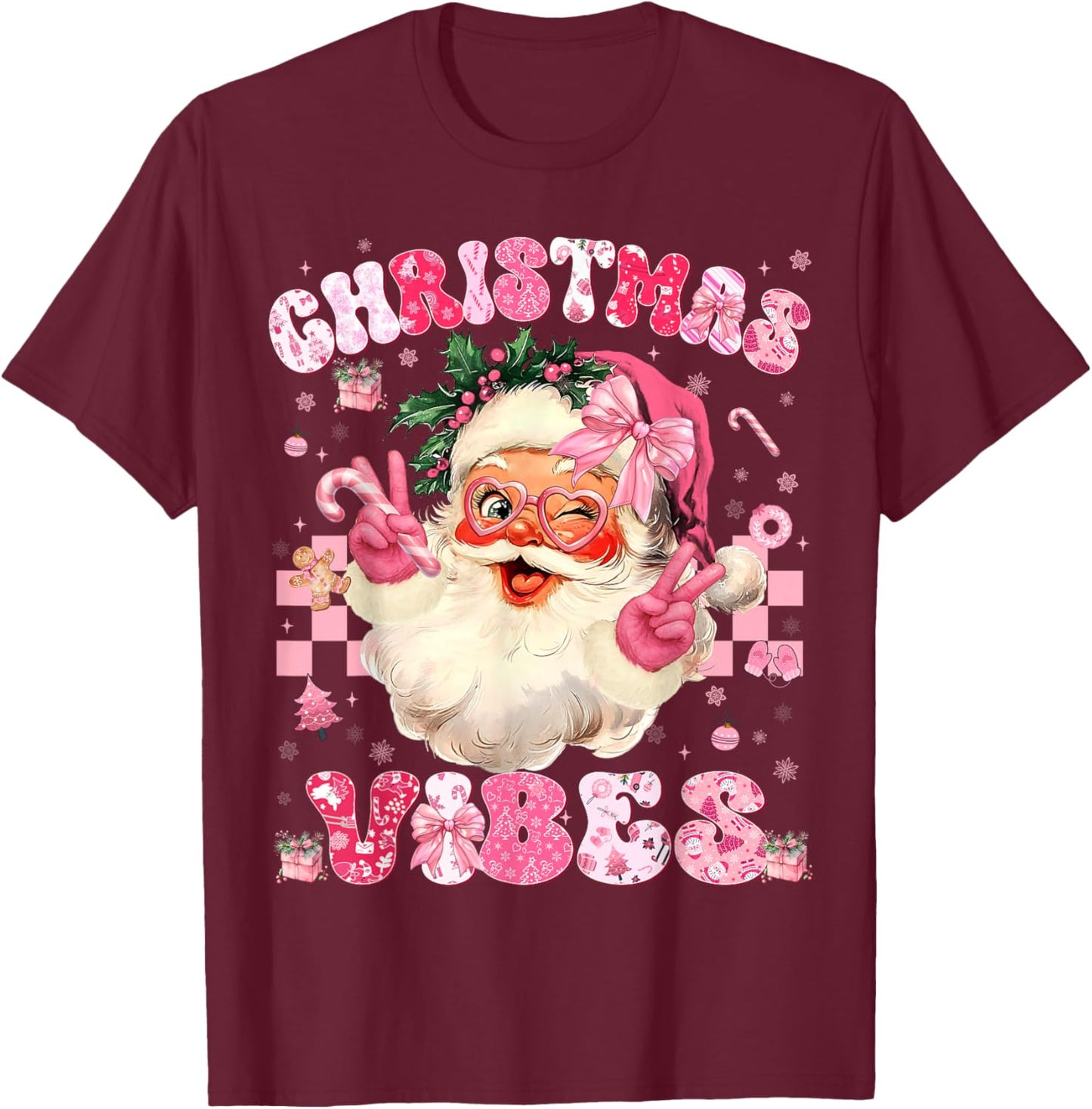 Christmas Vibe Cute Pink Santa Christmas Xmas Women Girl T-Shirt - T-Shirt | Maroon