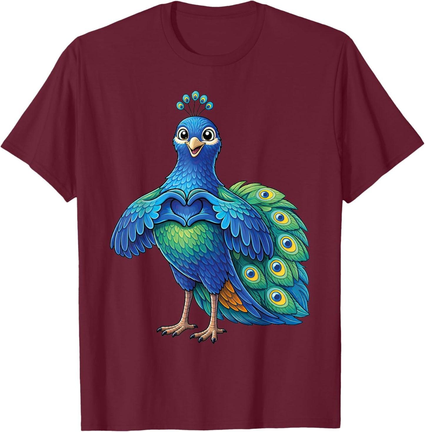 Peacock with Heart, Sweet Peace with Heart Symbol T-Shirt - T-Shirt | Maroon