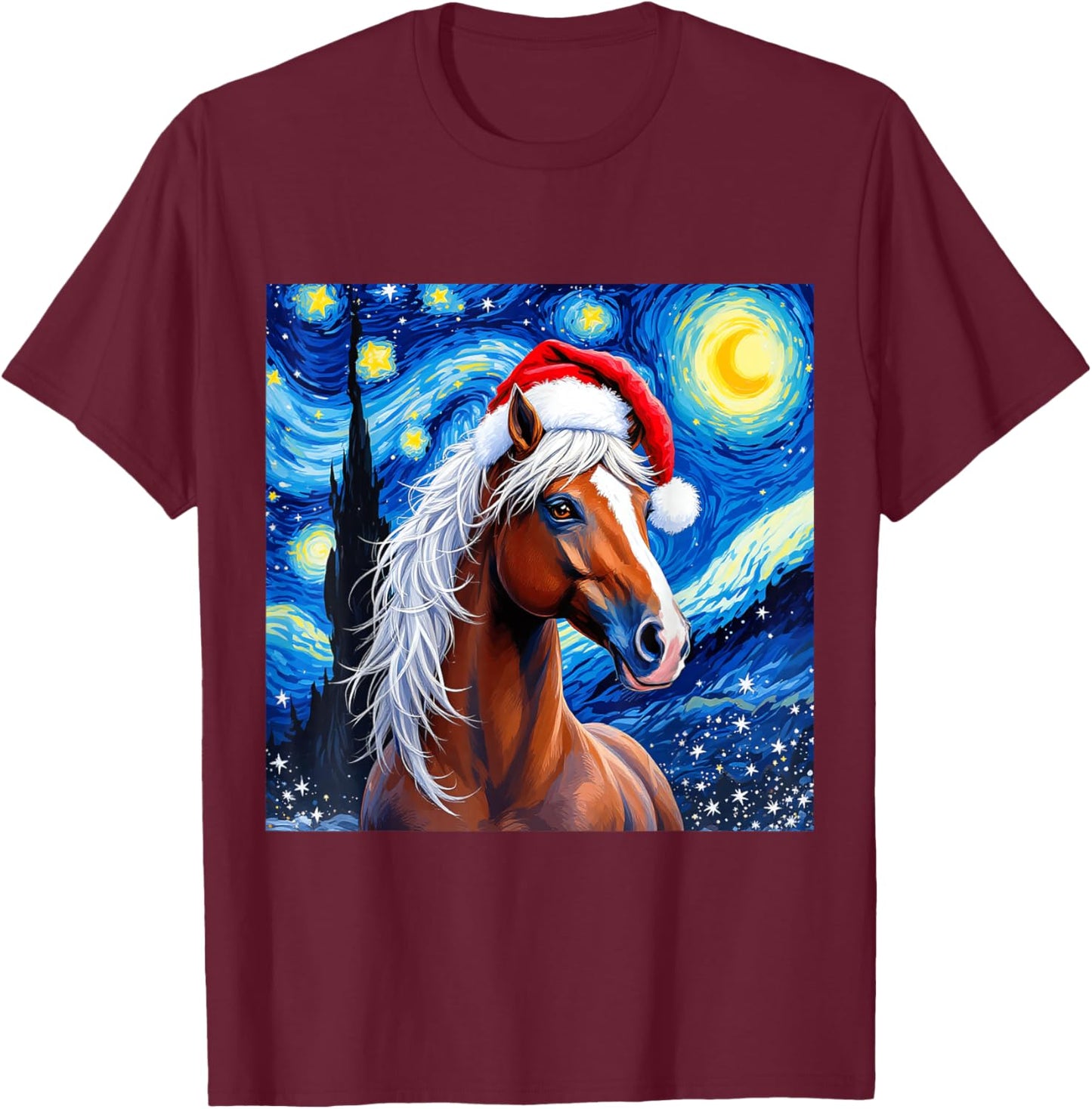 Christmas Horse Santa Hat Van Gogh Starry Night Holiday T-Shirt - T-Shirt | Maroon