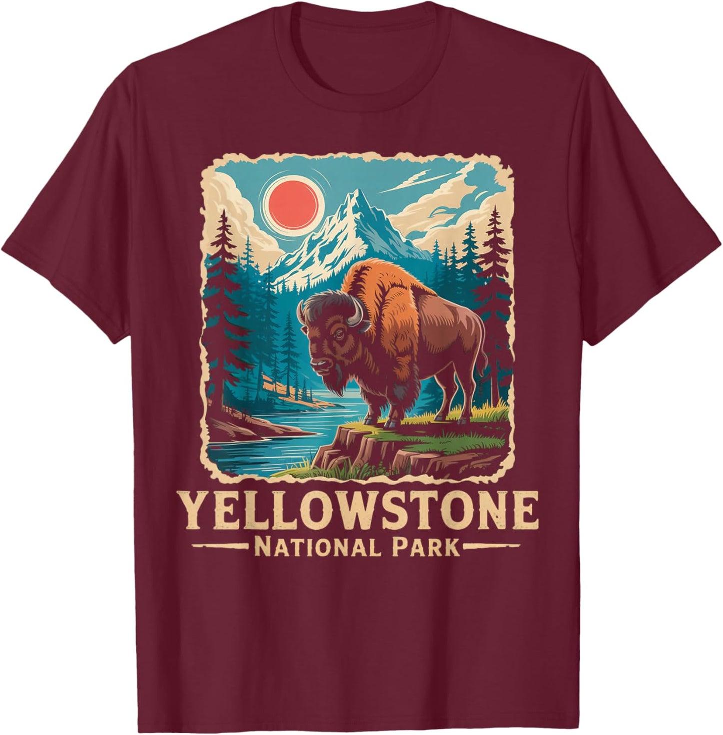 Wyoming Buffalo Bison Vintage Yellowstone National Park T-Shirt - T-Shirt | Maroon