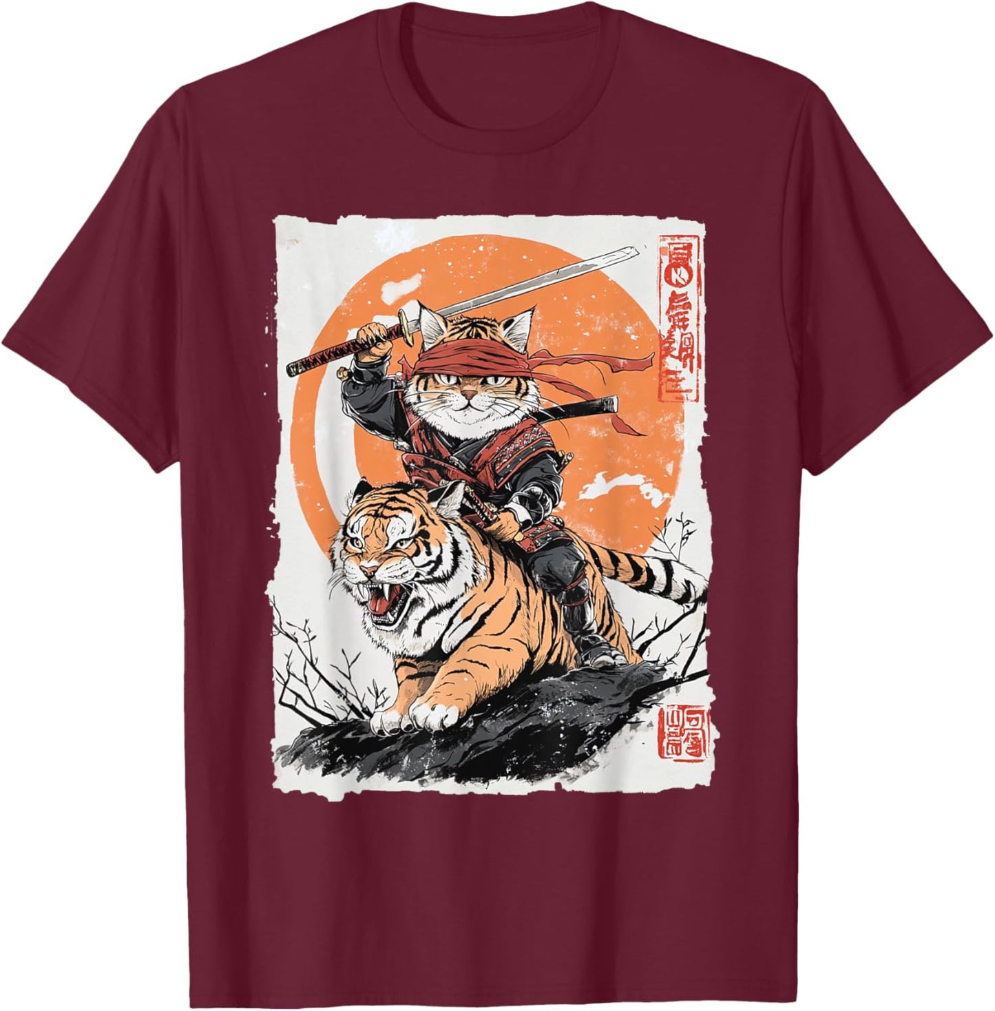 Ninja Cat Riding Tiger - Japanese Samurai Art Vintage Style Women Kids T-Shirt - T-Shirt | Maroon