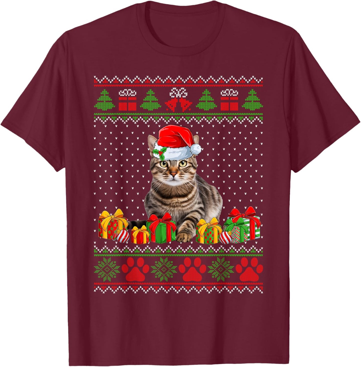 Funny Tabby Cat Santa Hat Ugly Christmas Sweater Xmas PJS Women Kids T-Shirt - T-Shirt | Maroon