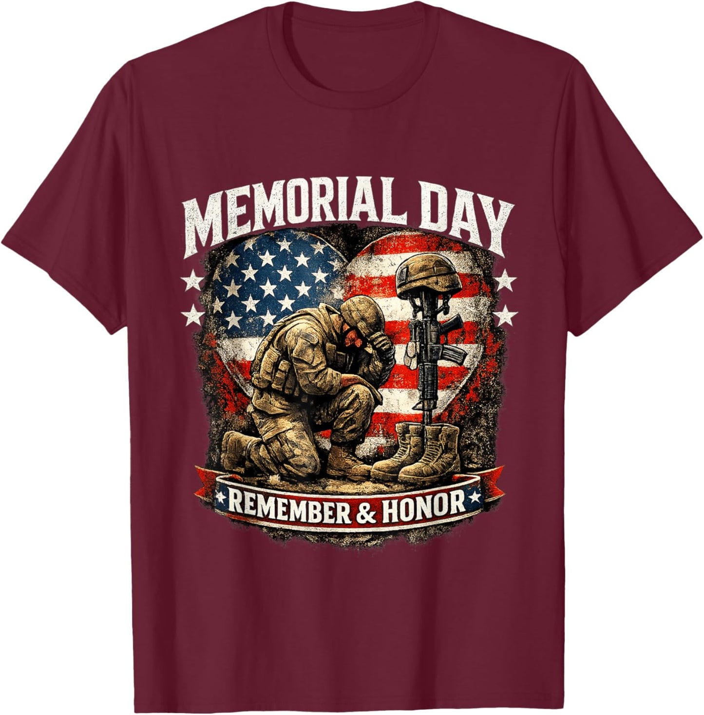 Memorial Day USA Flag Remember Honor Patriotic Family Design T-Shirt - T-Shirt | Maroon