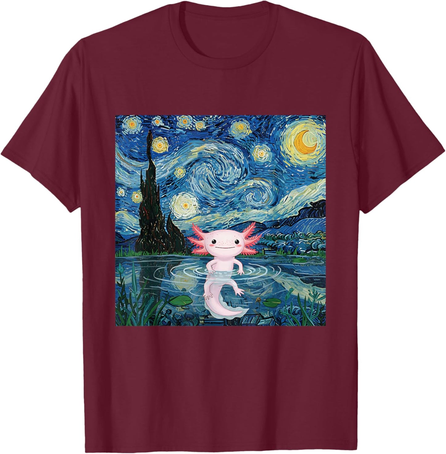 Adorable Axolotl Kawaii Van Gogh Style Starry Night Graphic T-Shirt - T-Shirt | Maroon