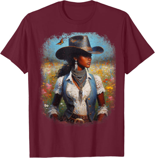 Black Cowgirl Painting Art Western Rodeo Melanin Black Woman T-Shirt - T-Shirt | Maroon