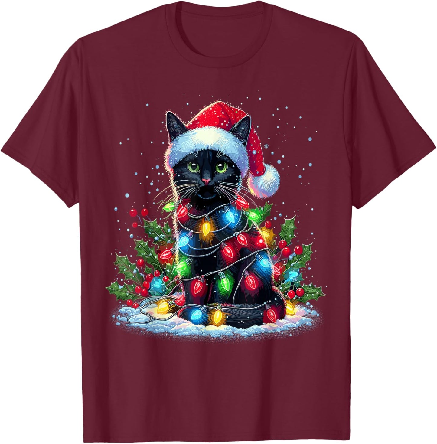 Black Cat Christmas Santa Hat Funny Meowy Cats T-Shirt - T-Shirt | Maroon