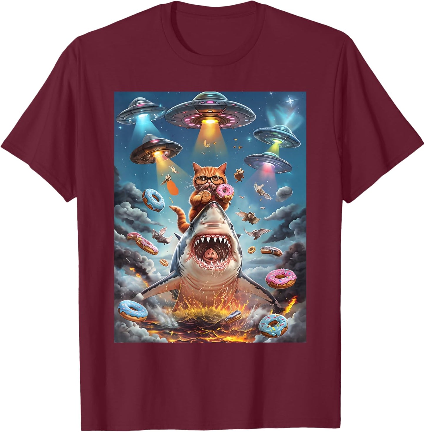 Funny Cat Riding Fire Breathing Shark Rainbow Birthday Kids T-Shirt - T-Shirt | Maroon