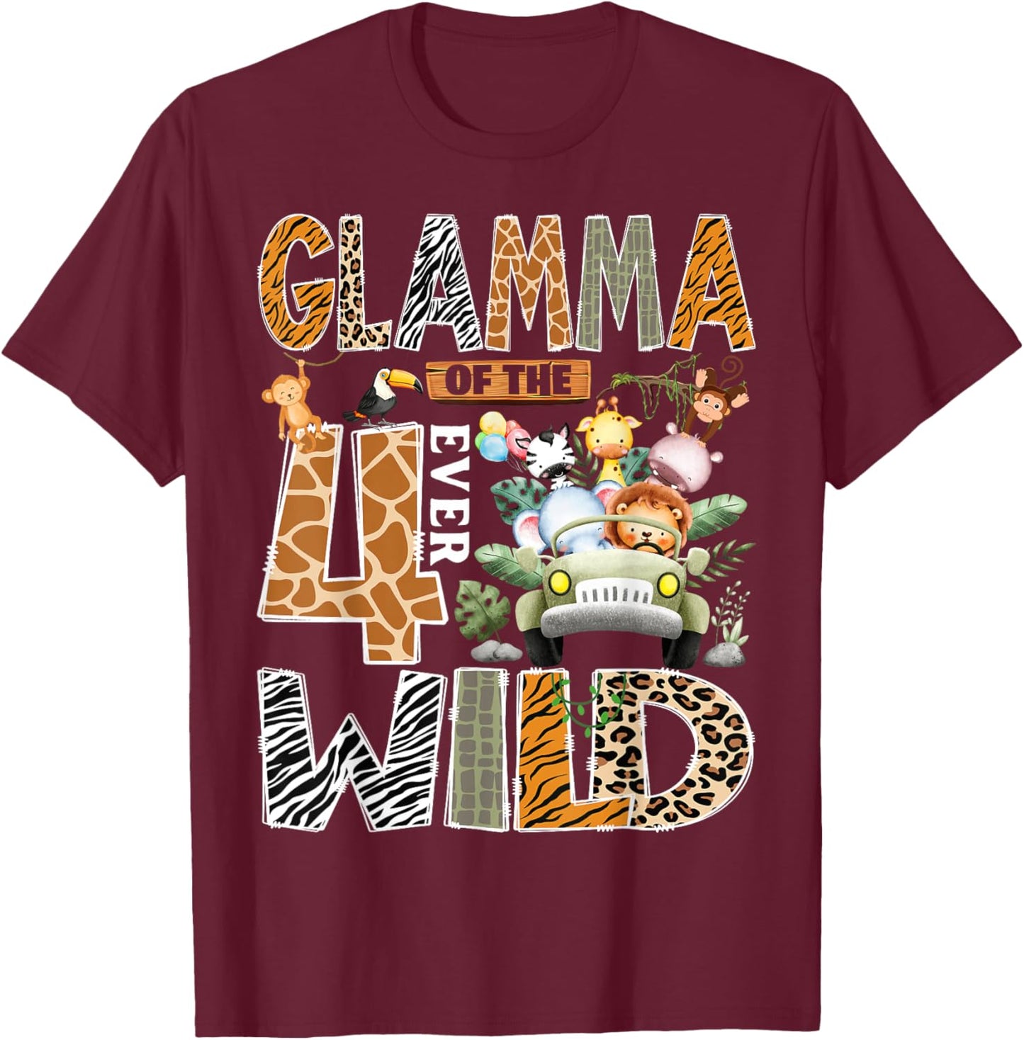 Glamma of The Four Ever Wild Safari 4th Birthday Boy T-Shirt - T-Shirt | Maroon