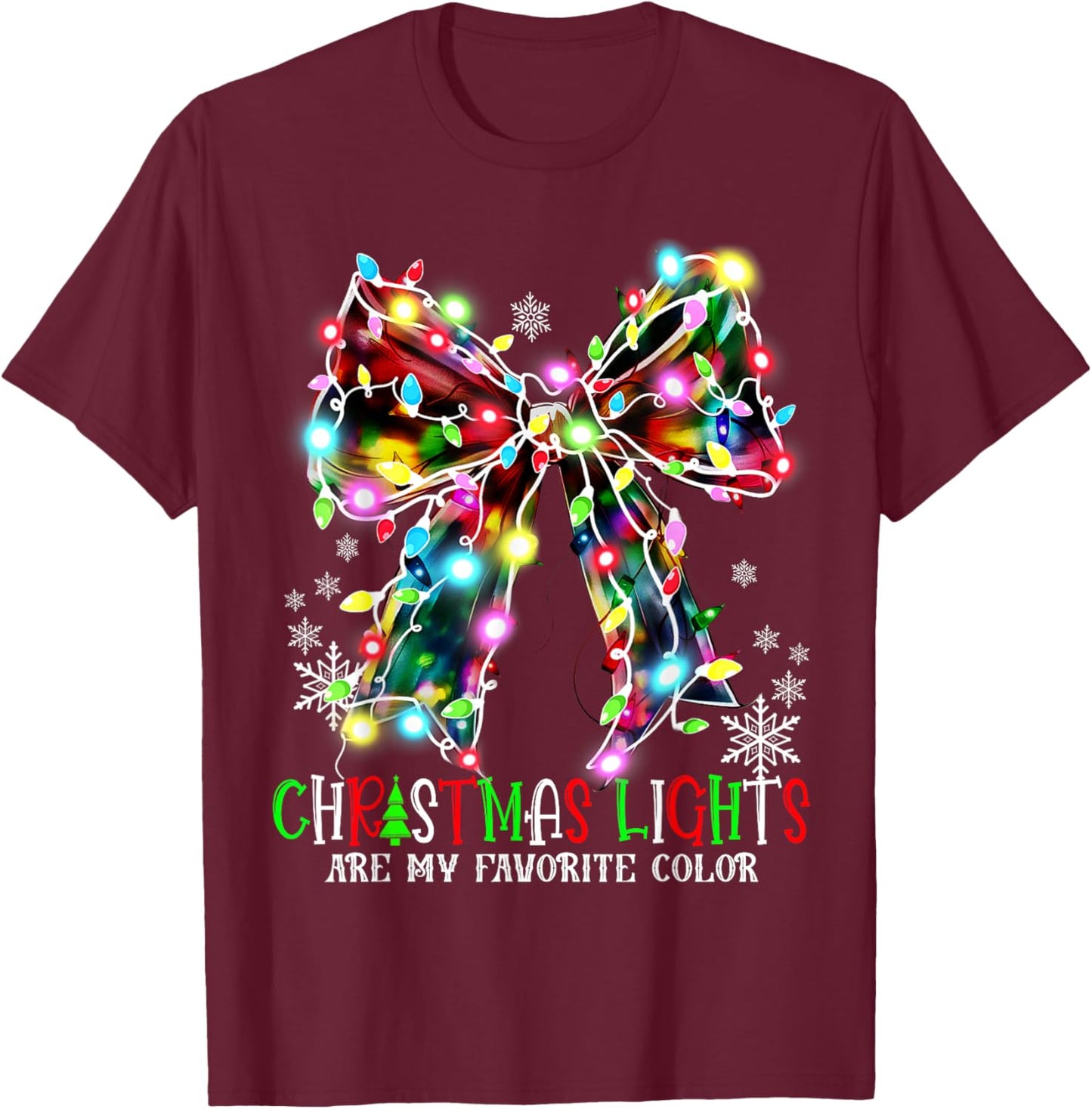 Christmas Lights Are My Favorite Color Coquette Bow Pajamas T-Shirt - T-Shirt | Maroon