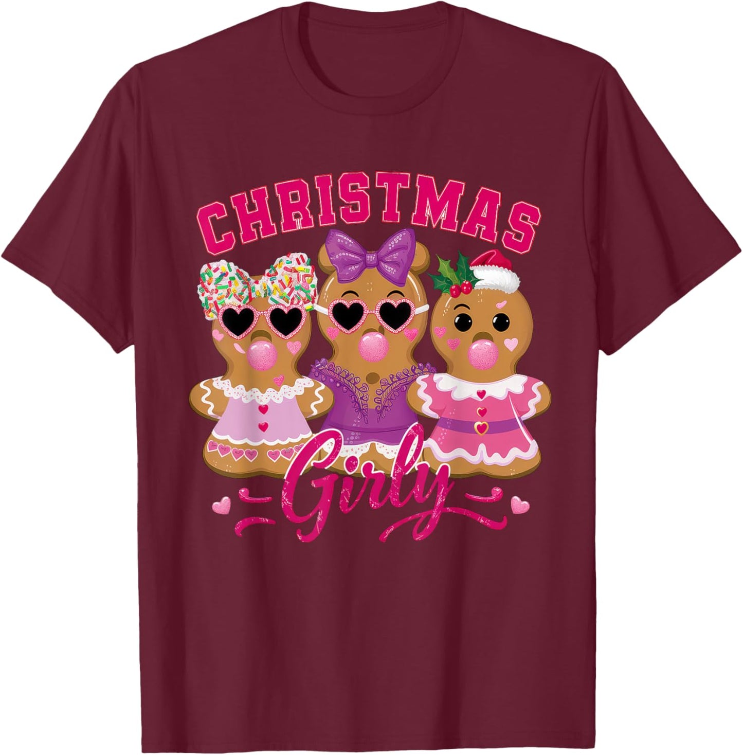 Coquette Bow Pink Gingerbread Christmas Girly Xmas Holiday T-Shirt - T-Shirt | Maroon