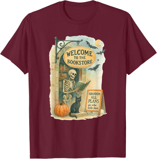 Welcome to The Bookstore Spooky Skeleton Halloween T-Shirt - T-Shirt | Maroon