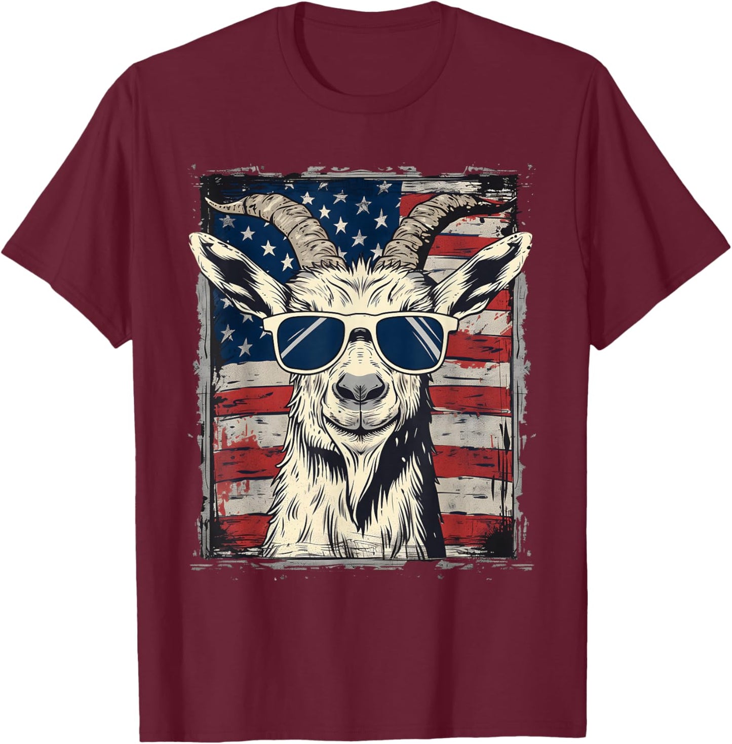 Cool Goat with Sunglasses and USA Flag T-Shirt - T-Shirt | Maroon