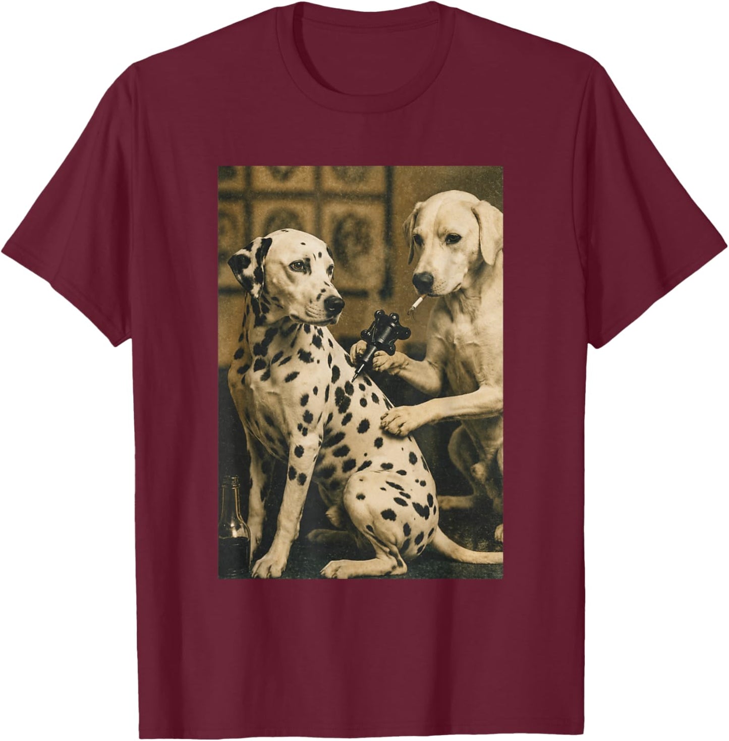 Retro Dalmatian Dog Smoking Tattoo Artist Funny Meme Graphic T-Shirt - T-Shirt | Maroon