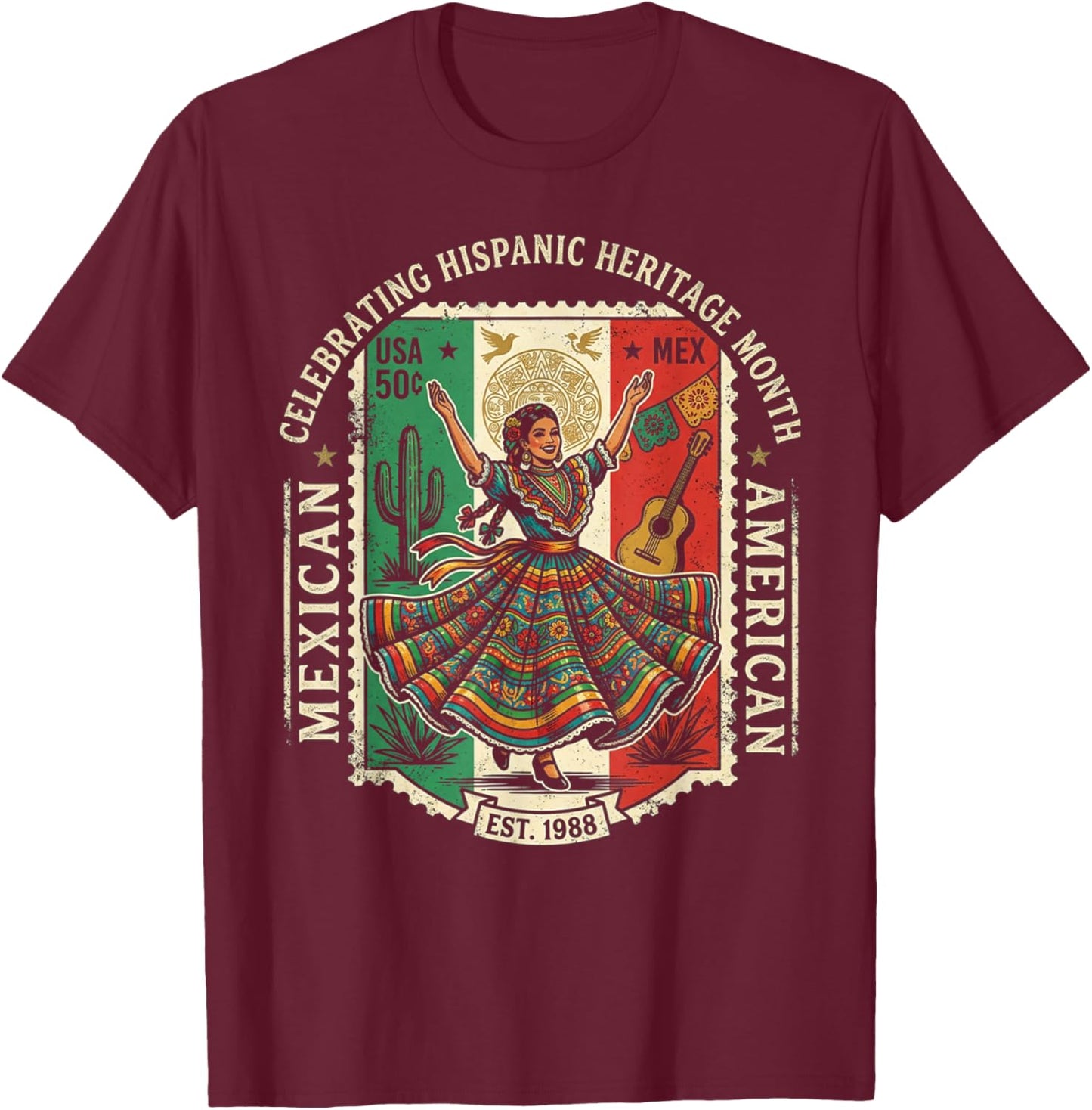 Hispanic Heritage Mexican American Floral Dancer Woman Mujer T-Shirt - T-Shirt | Maroon