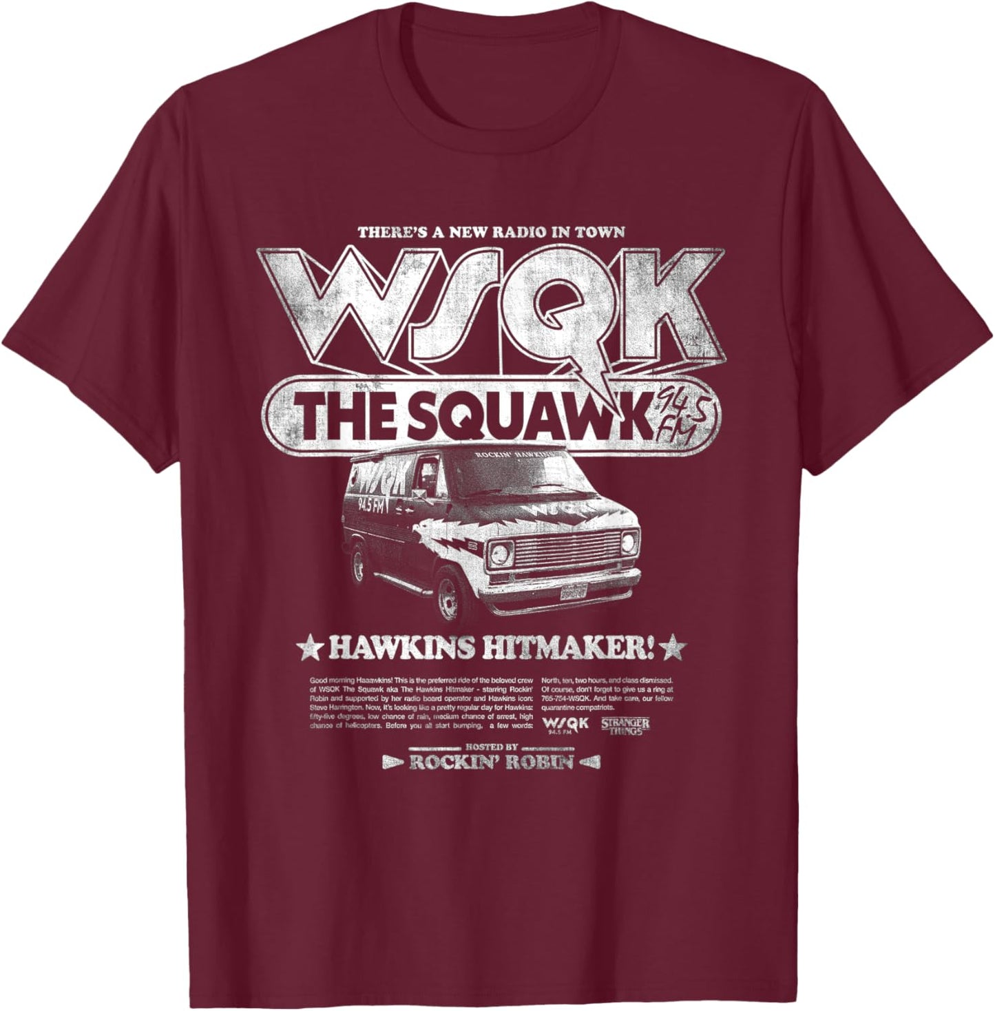 Stranger Things Hawkins Hitmaker WSQK Back T-Shirt - T-Shirt | Maroon