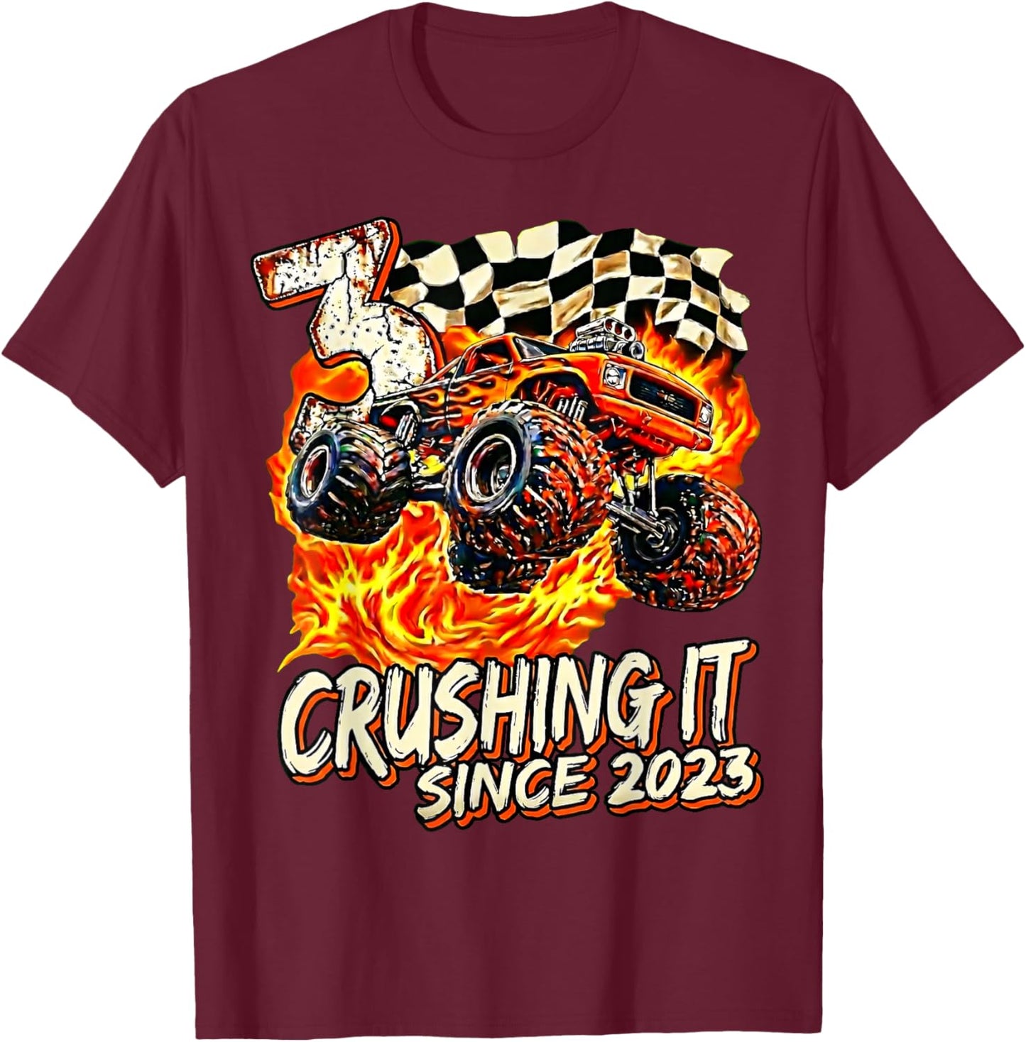 Birthday Monster Truck Boy 3 Year Old Crushing It Since 2023 T-Shirt - T-Shirt | Maroon