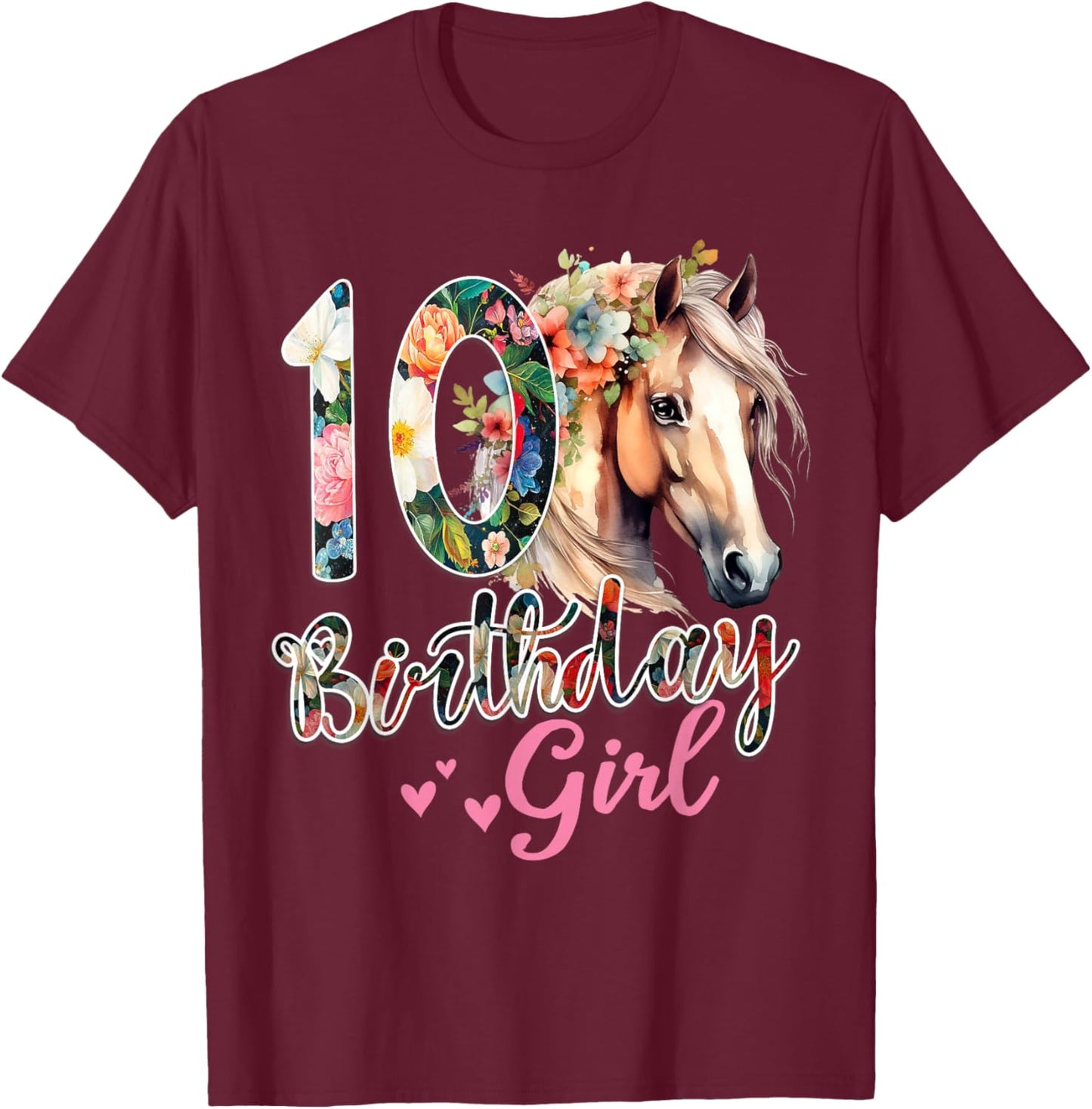 10th Birthday Horse 10 Years Old Birthday Girl T-Shirt - T-Shirt | Maroon