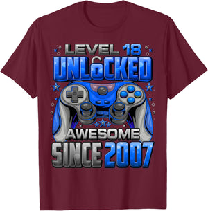 Level 18 Unlocked Awesome Since 2007 18th Birthday Gaming T-Shirt - T-Shirt | Maroon