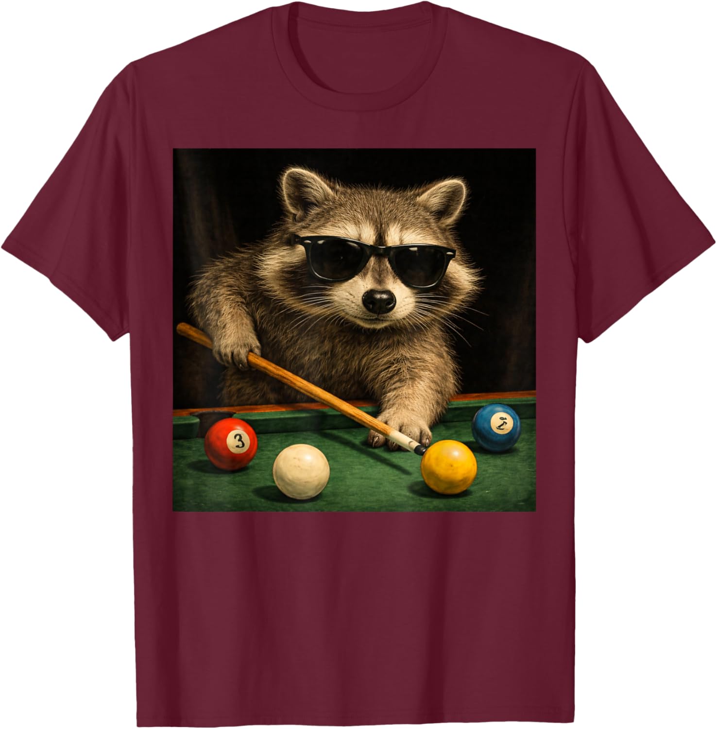 Racoon Playing Pool Billiards in Lounge Cool Funny Graphic T-Shirt - T-Shirt | Maroon
