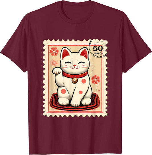 Maneki Neko Japanese Kawaii Lucky Cat Stamp Retro Aesthetic T-Shirt - T-Shirt | Maroon