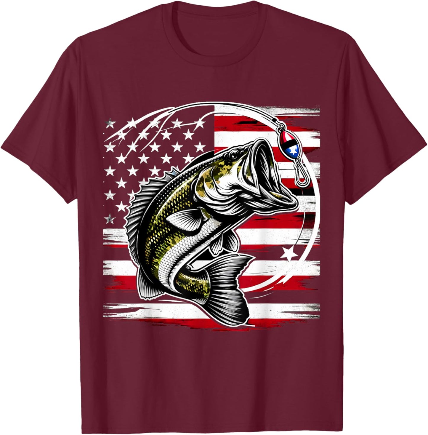 American Flag Fish Fisher Fisherman Funny Bass Fishing USA T-Shirt - T-Shirt | Maroon