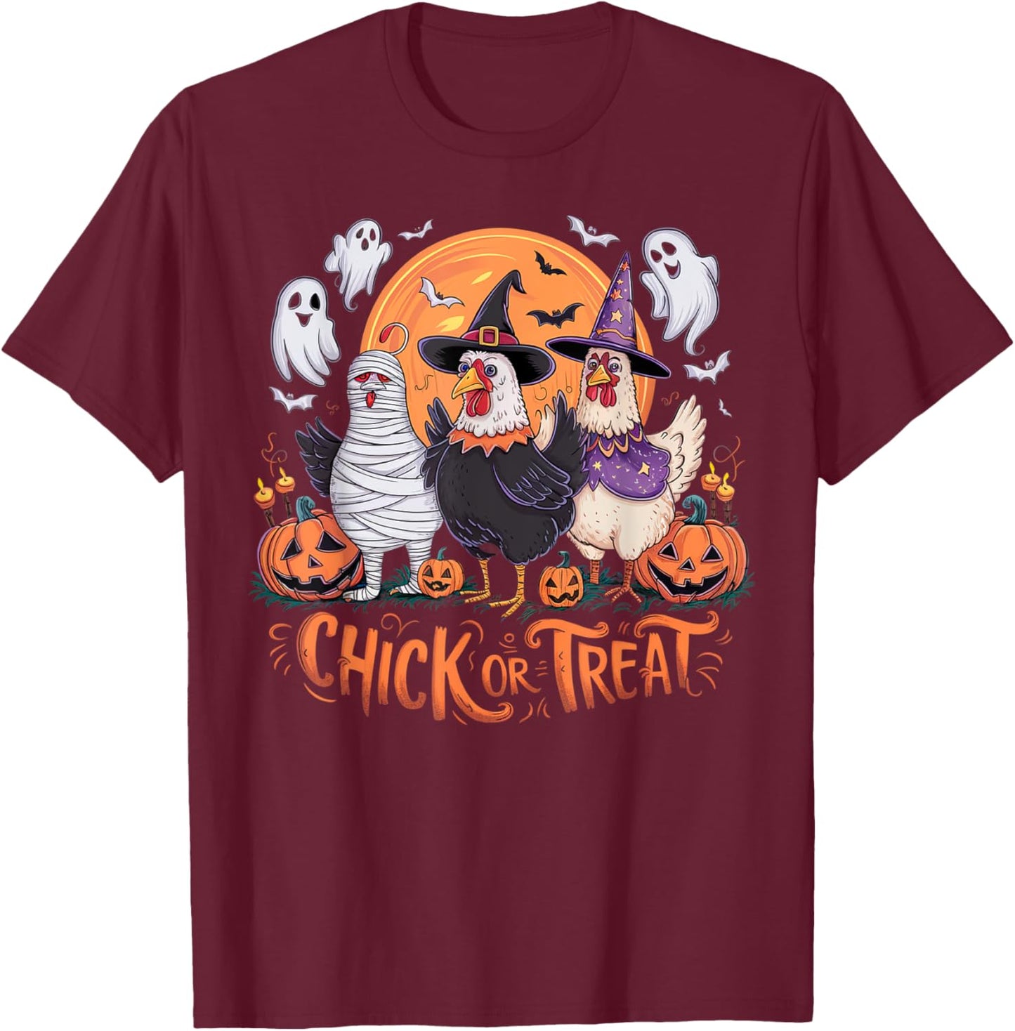 Halloween Chick Or Treat Pumpkin Spooky Witch Chicken Farmer T-Shirt - T-Shirt | Maroon