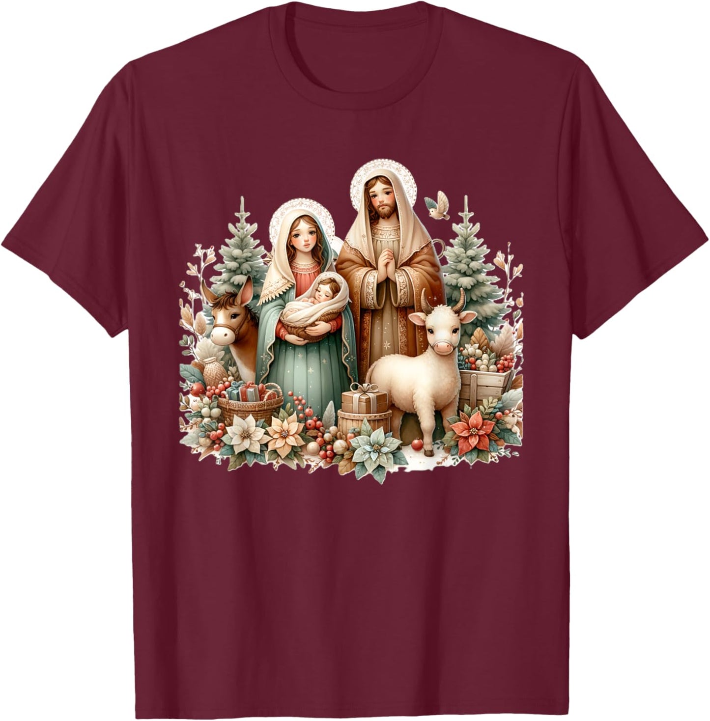 Holy Sacred Family Christmas Nativity Scene Religious Art T-Shirt - T-Shirt | Maroon