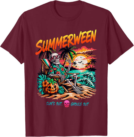 Summerween Suns Out Ghouls Out Skeleton Relaxing Beach T-Shirt - T-Shirt | Maroon