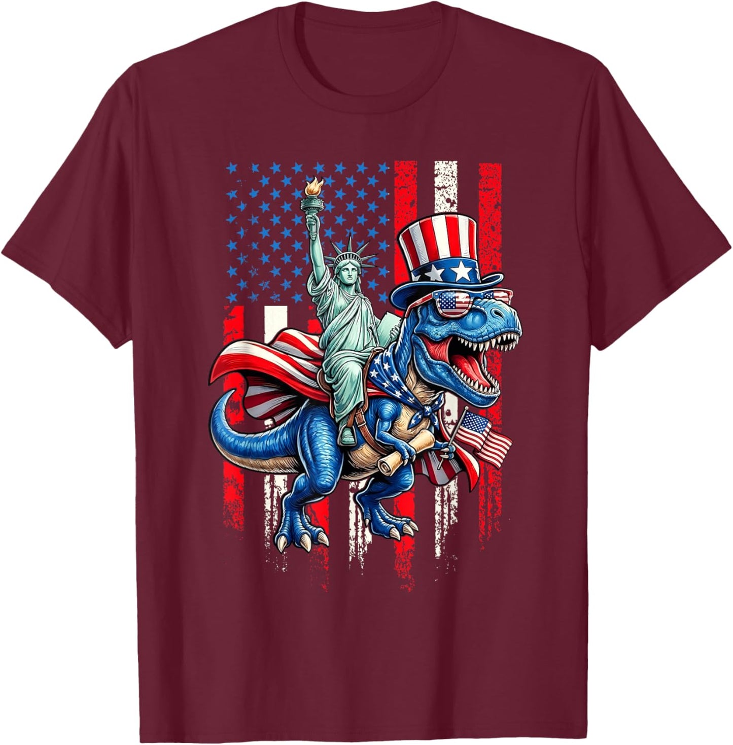 4th of July Statue Liberty Riding Dinosaur Men Boy Kid T-Shirt - T-Shirt | Maroon