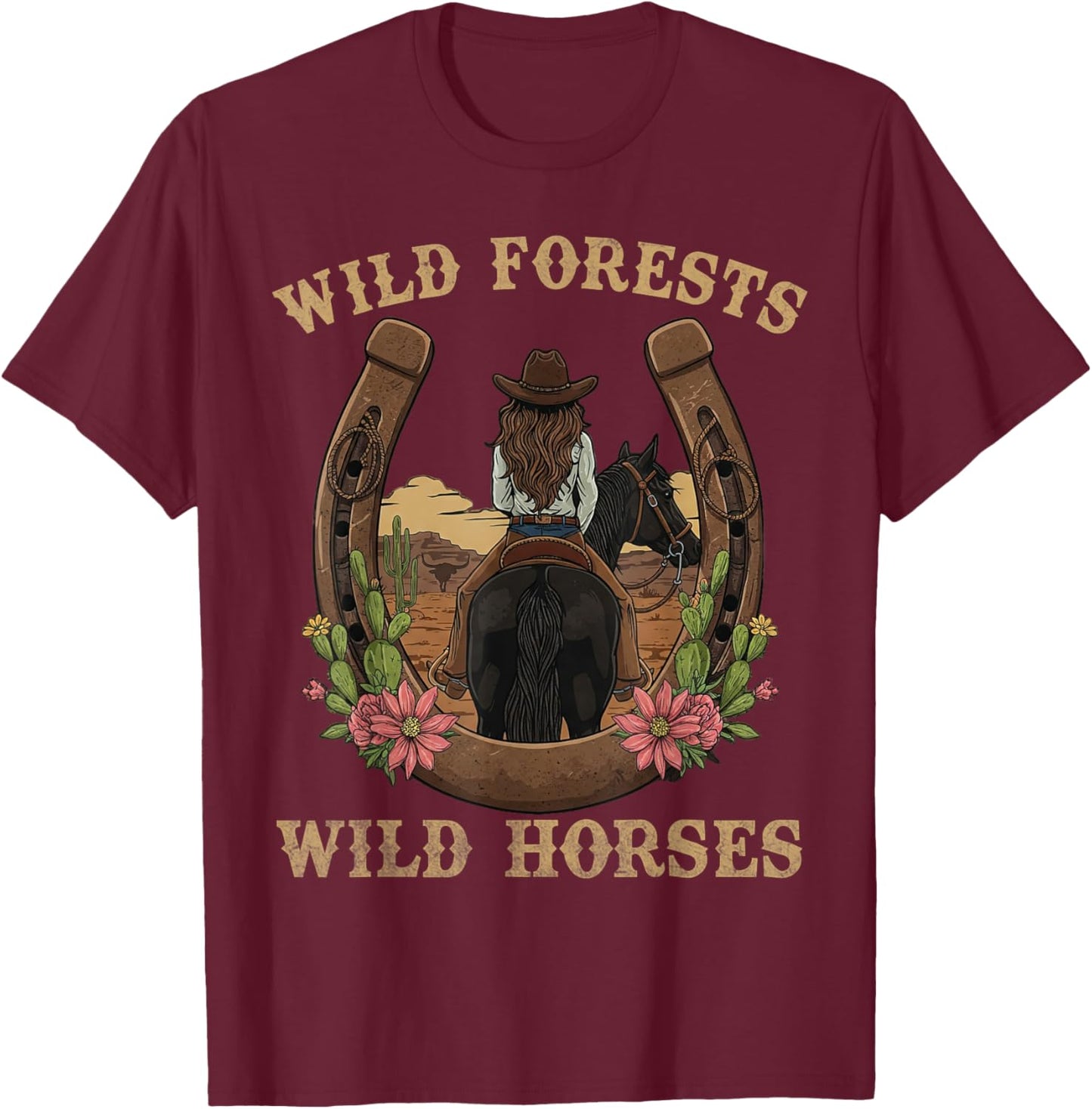 Wild Flowers Wild Horses Retro Rodeo Western Country Cowgirl T-Shirt - T-Shirt | Maroon