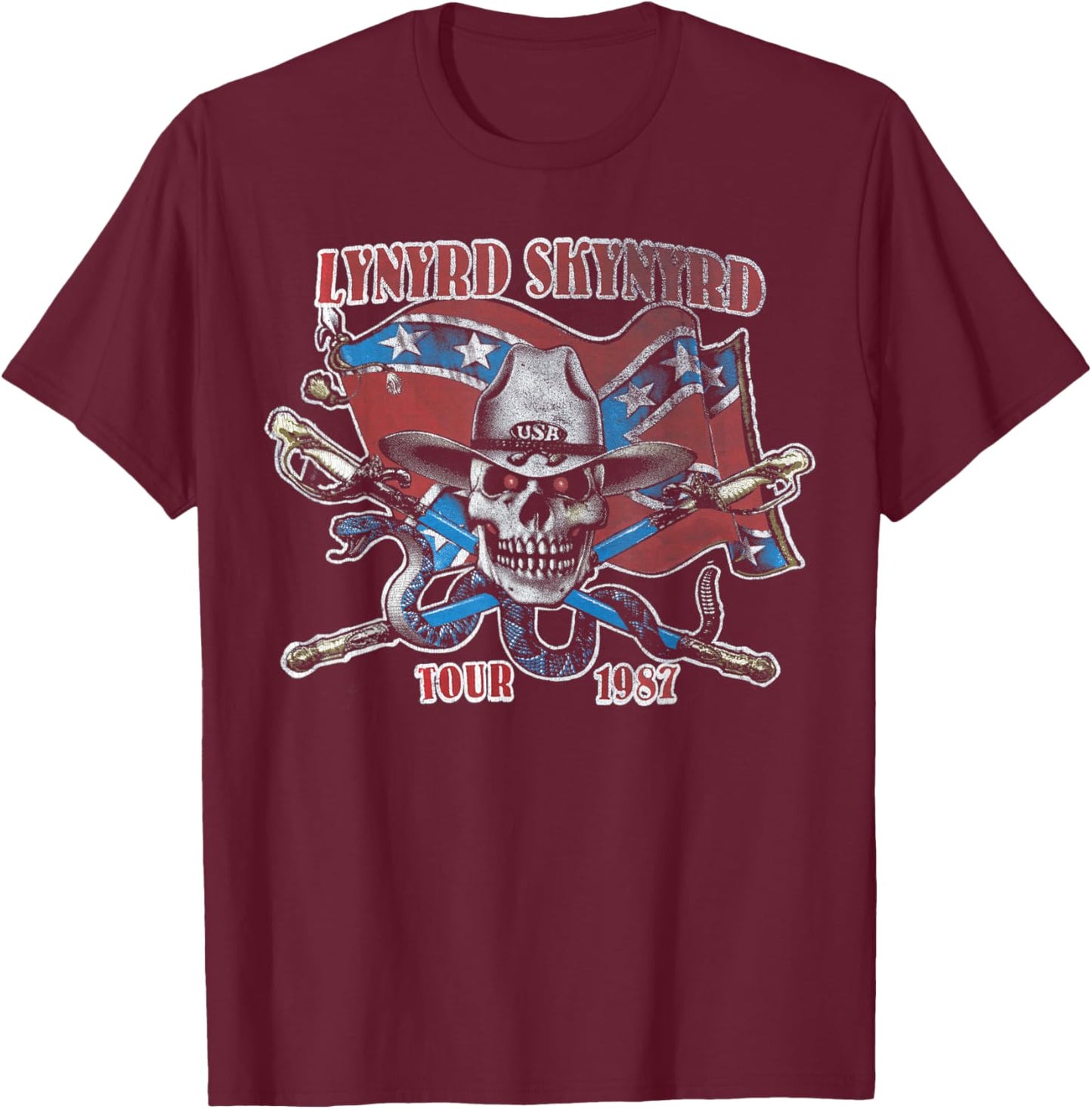 Lynyrd Skynyrd Tour 1987 USA Flag Vintage Southern Band Rock T-Shirt - T-Shirt | Maroon