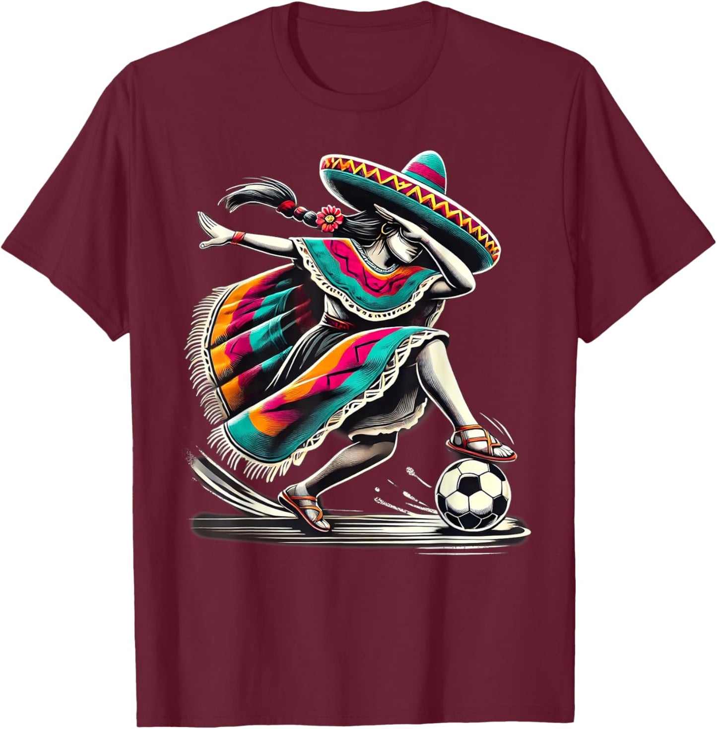 Mexican Girl Soccer Women Poncho - Chica Futbolista Mexicana T-Shirt - T-Shirt | Maroon
