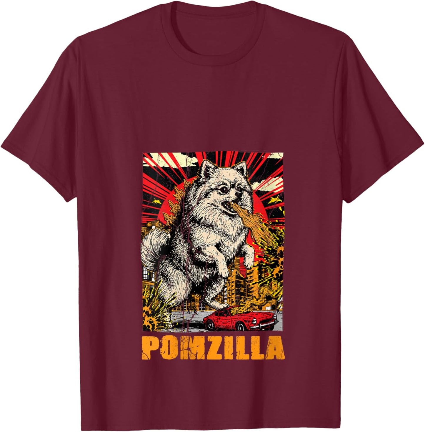 Women's Vintage Pomeranian Dog Lover Pomzilla Pom Japanese Monster V-Neck T-Shirt - T-Shirt | Maroon