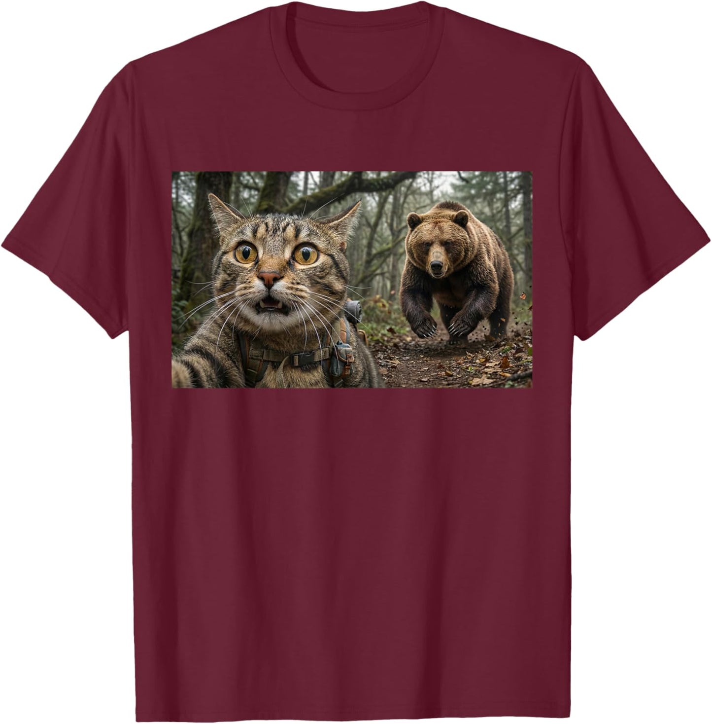 Funny Hiking Cat Selfie with Chasing Grizzly Bear Outdoor T-Shirt - T-Shirt | Maroon