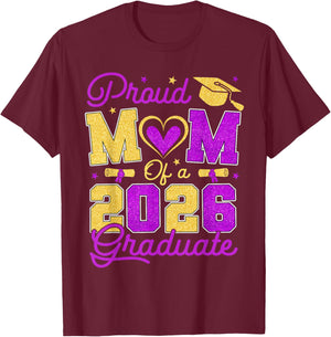 Proud Mom of A 2026 Graduate Purple & Gold Senior Graduation T-Shirt - T-Shirt | Maroon