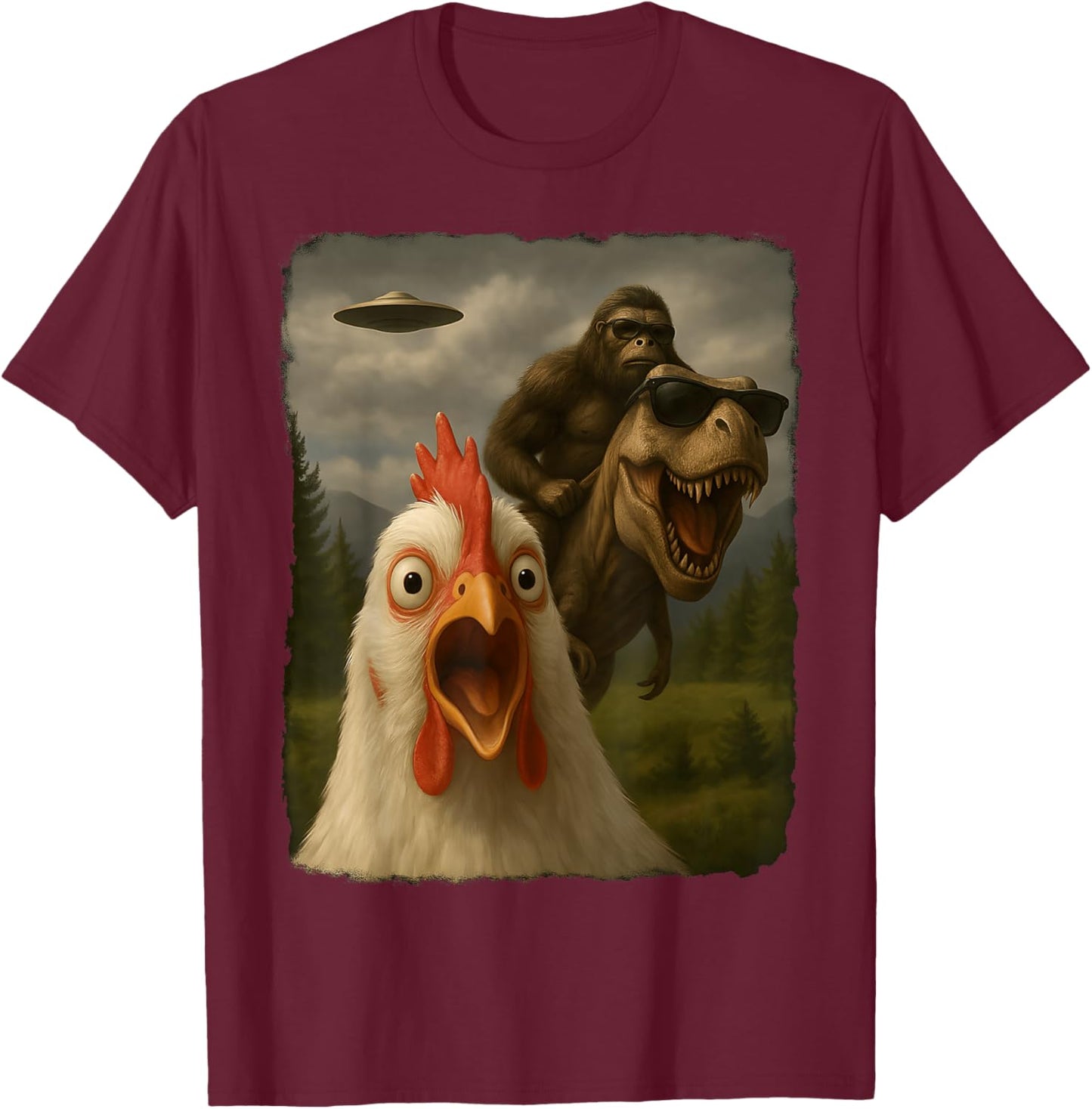Funny Chicken Selfie Bigfoot Sasquatch Riding T-Rex UFO T-Shirt - T-Shirt | Maroon