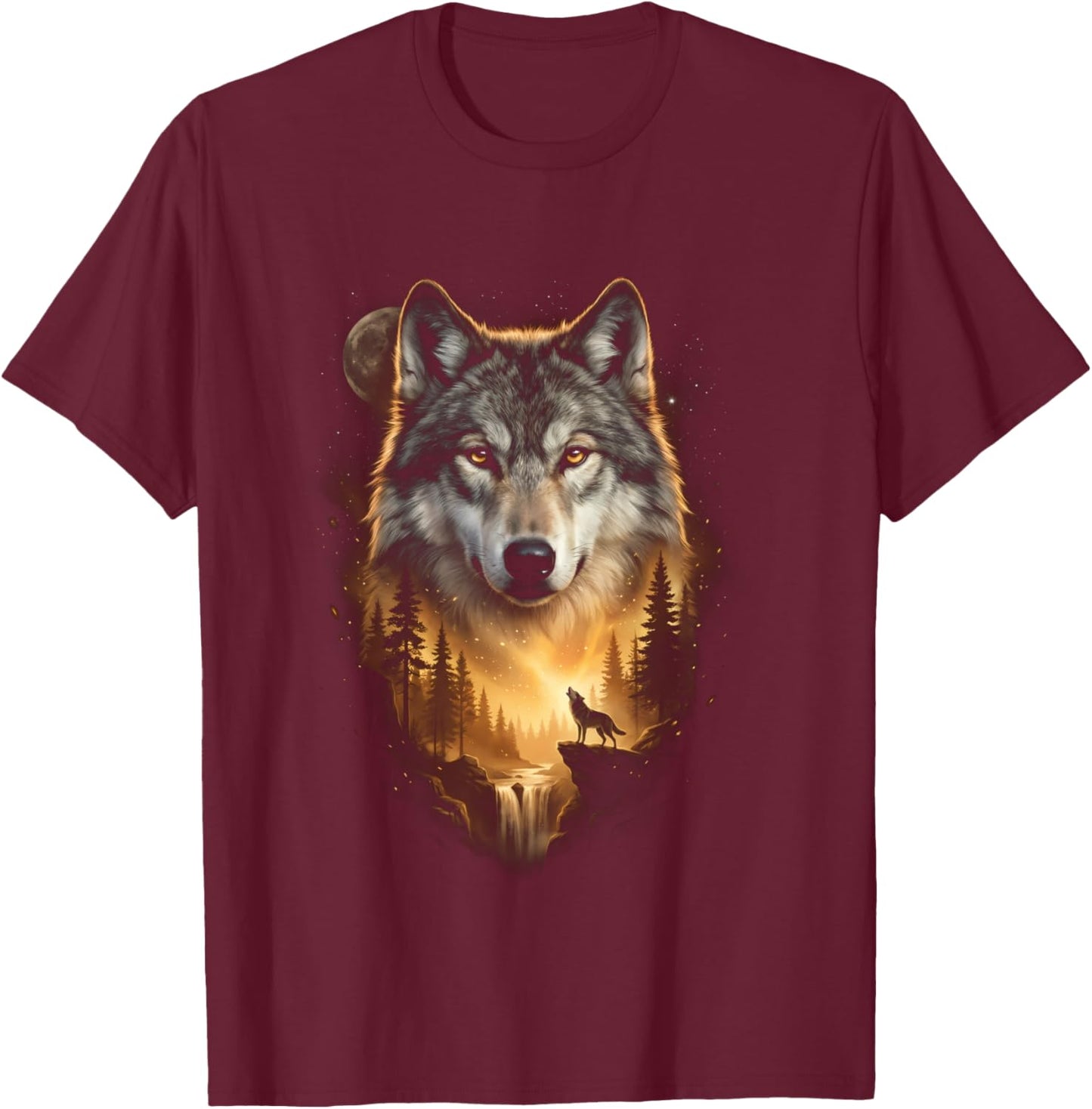 Motif de Loup Hurlant à la Lune Fantasy Art Forest Graphic Manche Longue T-Shirt - T-Shirt | Maroon
