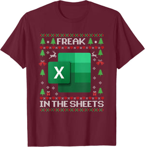 Excel Freak in the Sheets Spreadsheet Ugly Christmas Sweater T-Shirt - T-Shirt | Maroon