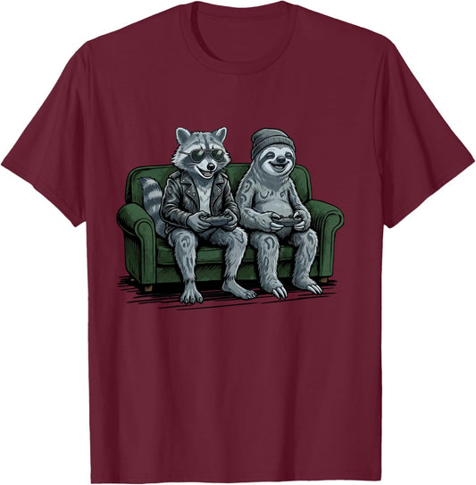 Faultier mit Waschbär Video Spiele beim Gaming Jungen Gamer Langarmshirt T-Shirt - T-Shirt | Maroon