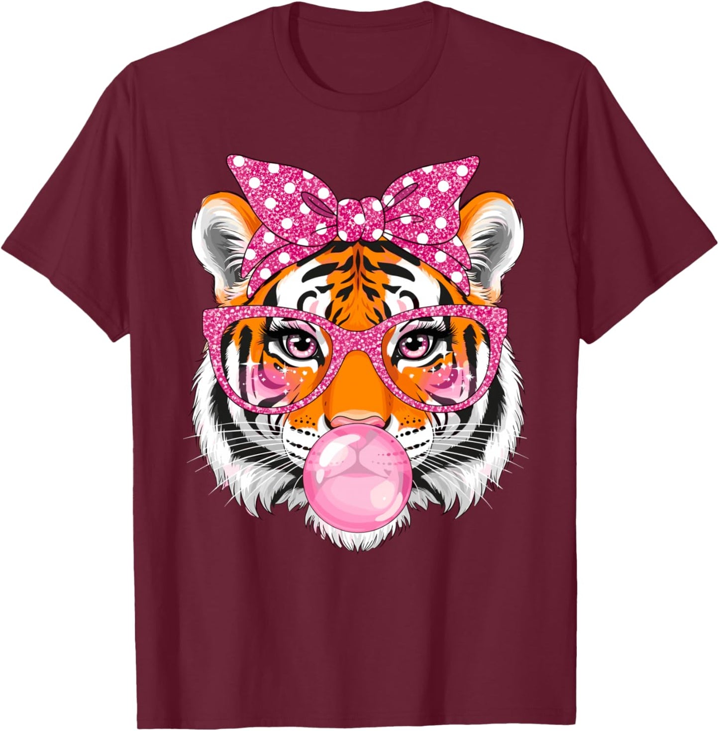 Tiger with Glasses Bubblegum and Pink Bow T-Shirt - T-Shirt | Maroon