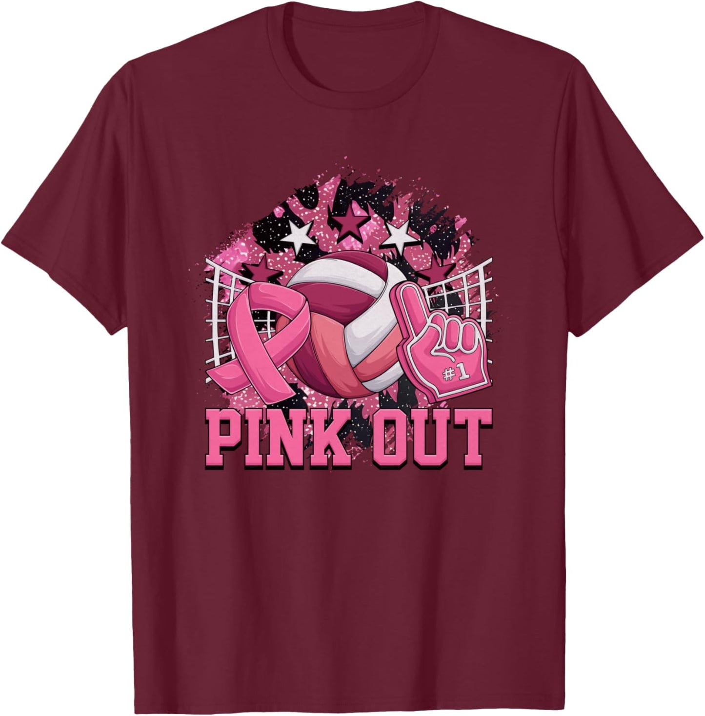 Pink Out Volleyball Ribbon Breast Cancer Awareness T-Shirt - T-Shirt | Maroon