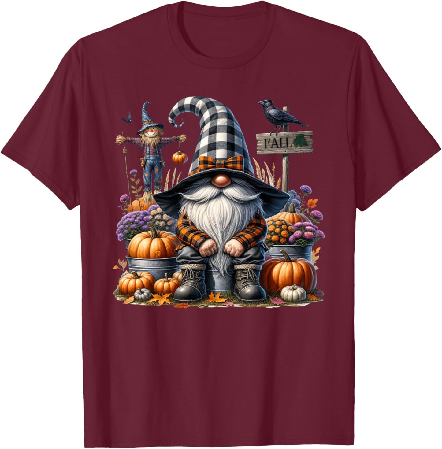 Floral Autumn Gnome With Scarecrow Raven And Fall Pumpkins T-Shirt - T-Shirt | Maroon