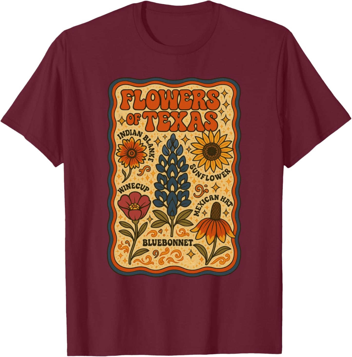Flowers of Texas Retro Floral Wildflowers T-Shirt - T-Shirt | Maroon