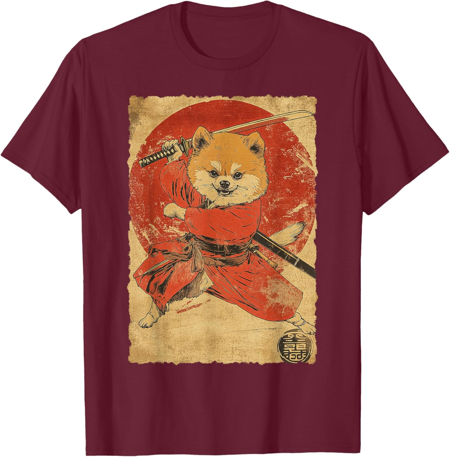 Funny Vintage Japanese Art Pomeranian Dog Ninja Samurai Women Girls Kids T-Shirt - T-Shirt | Maroon