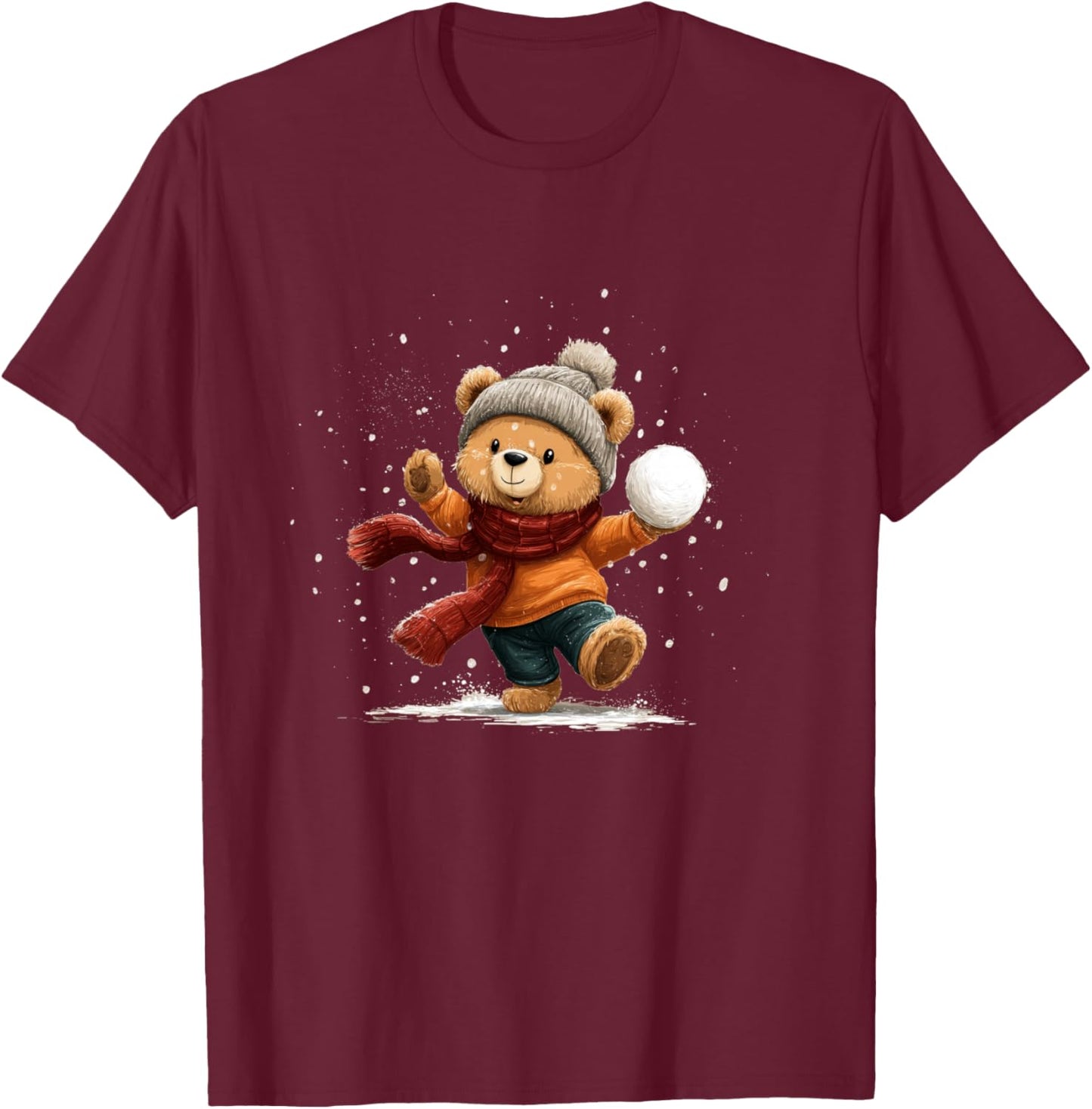 Joli Ours en Peluche avec Chapeau d'hiver et châle pour batailles de Boules de Neige Manche Longue T-Shirt - T-Shirt | Maroon